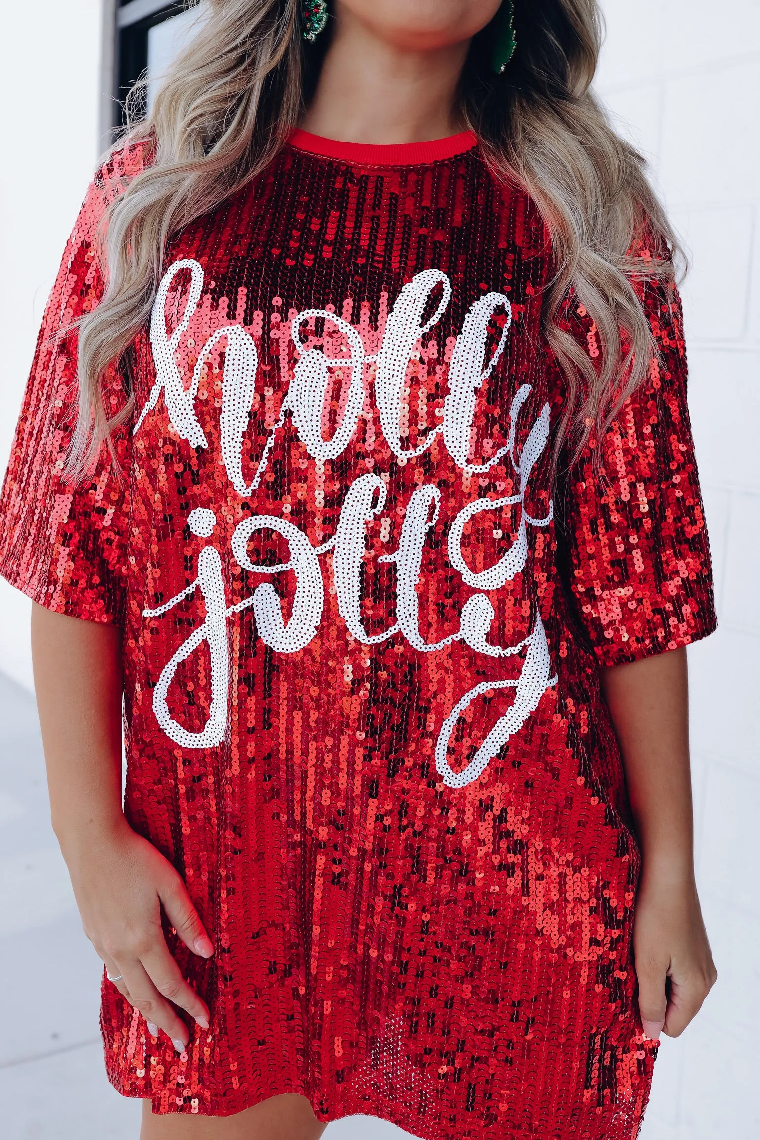 "Holly Jolly" Sequin T-Shirt Dress - Red