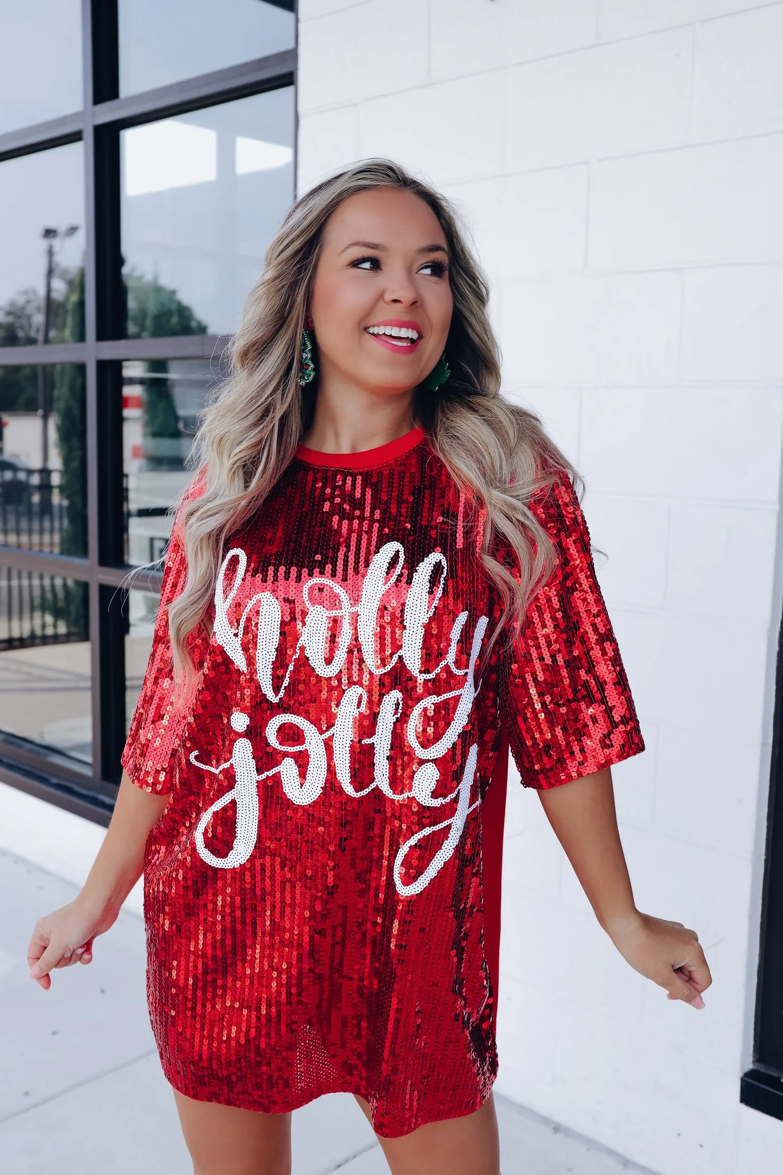 "Holly Jolly" Sequin T-Shirt Dress - Red