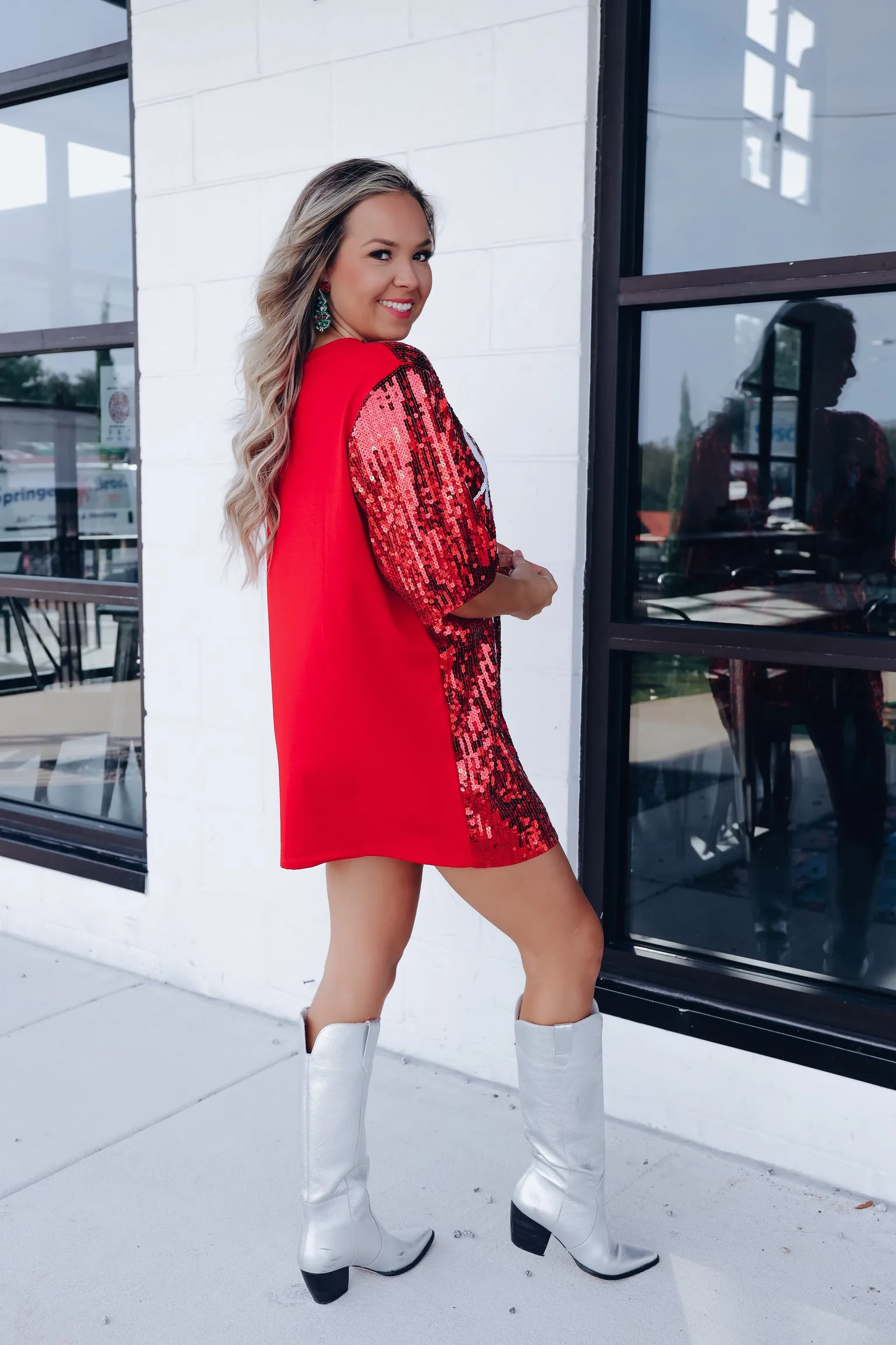 "Holly Jolly" Sequin T-Shirt Dress - Red