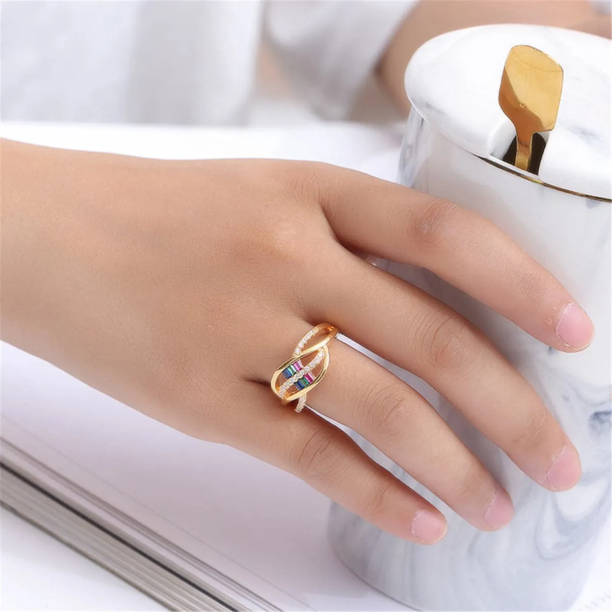 Rainbow Crystal & Cubic Zirconia Leaf Ring