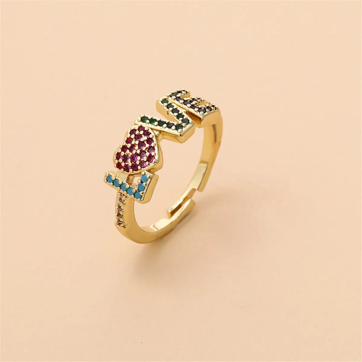 Rainbow Cubic Zirconia & 18K Gold-Plated 'Love' Ring