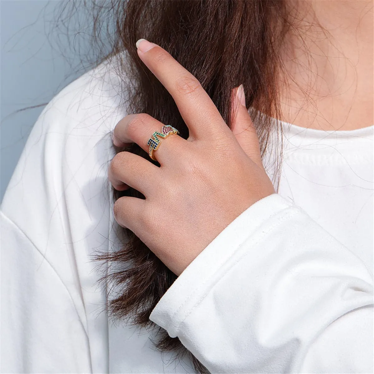 Rainbow Cubic Zirconia & 18K Gold-Plated 'Love' Ring