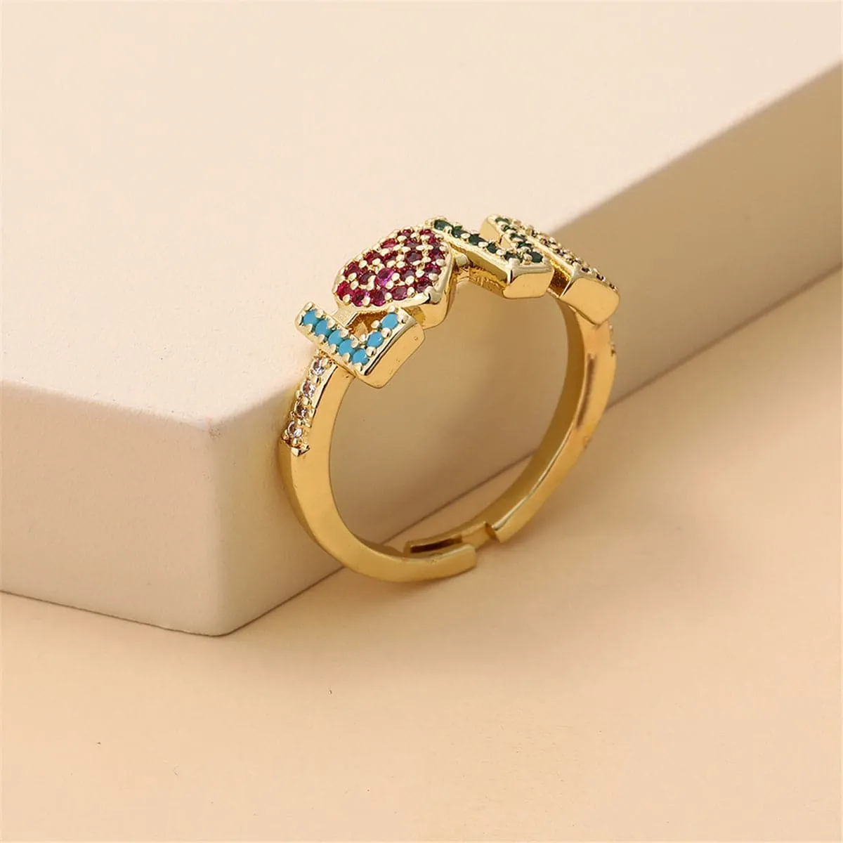 Rainbow Cubic Zirconia & 18K Gold-Plated 'Love' Ring