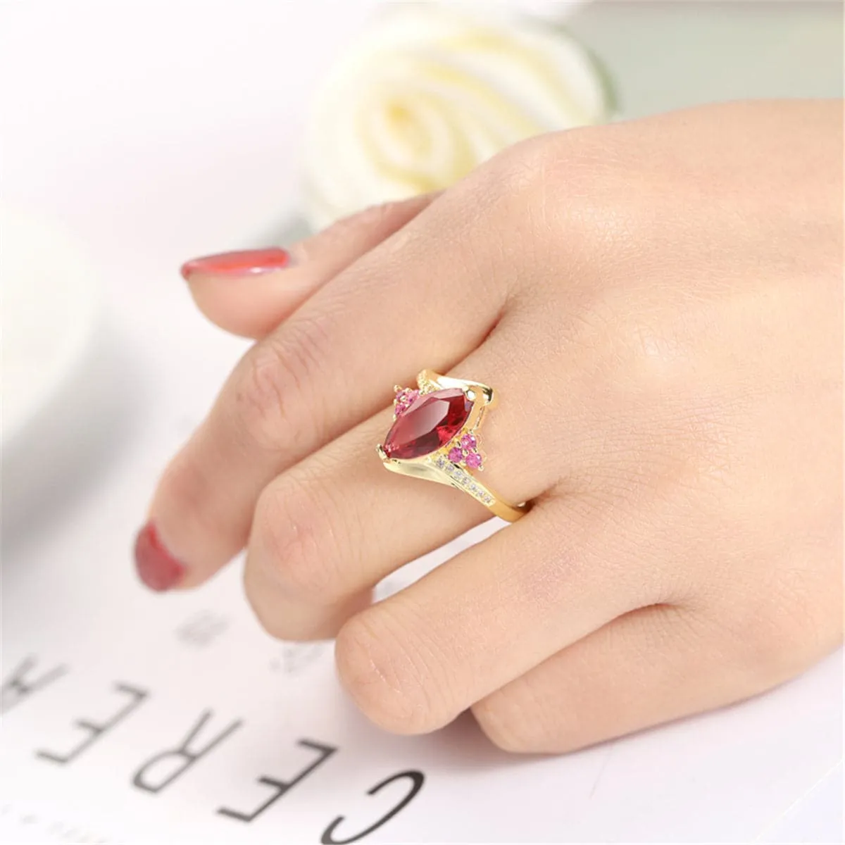 Red Crystal & Cubic Zirconia 18K Gold-Plated Marquise Cluster Ring