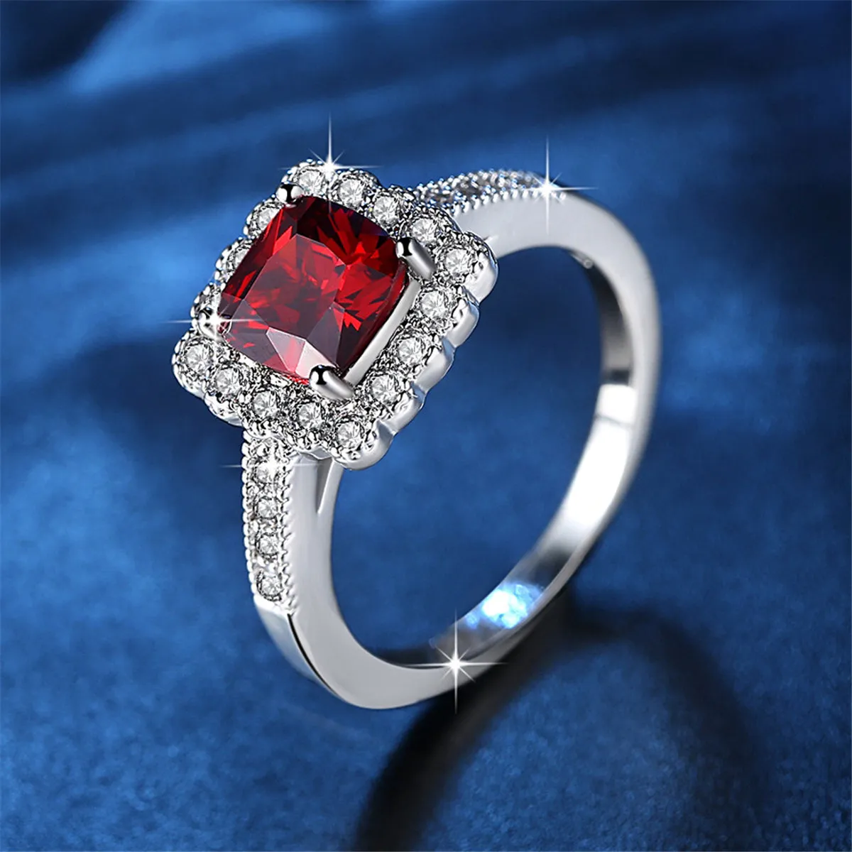 Red Crystal & Cubic Zirconia Cushion-Cut Hola Ring