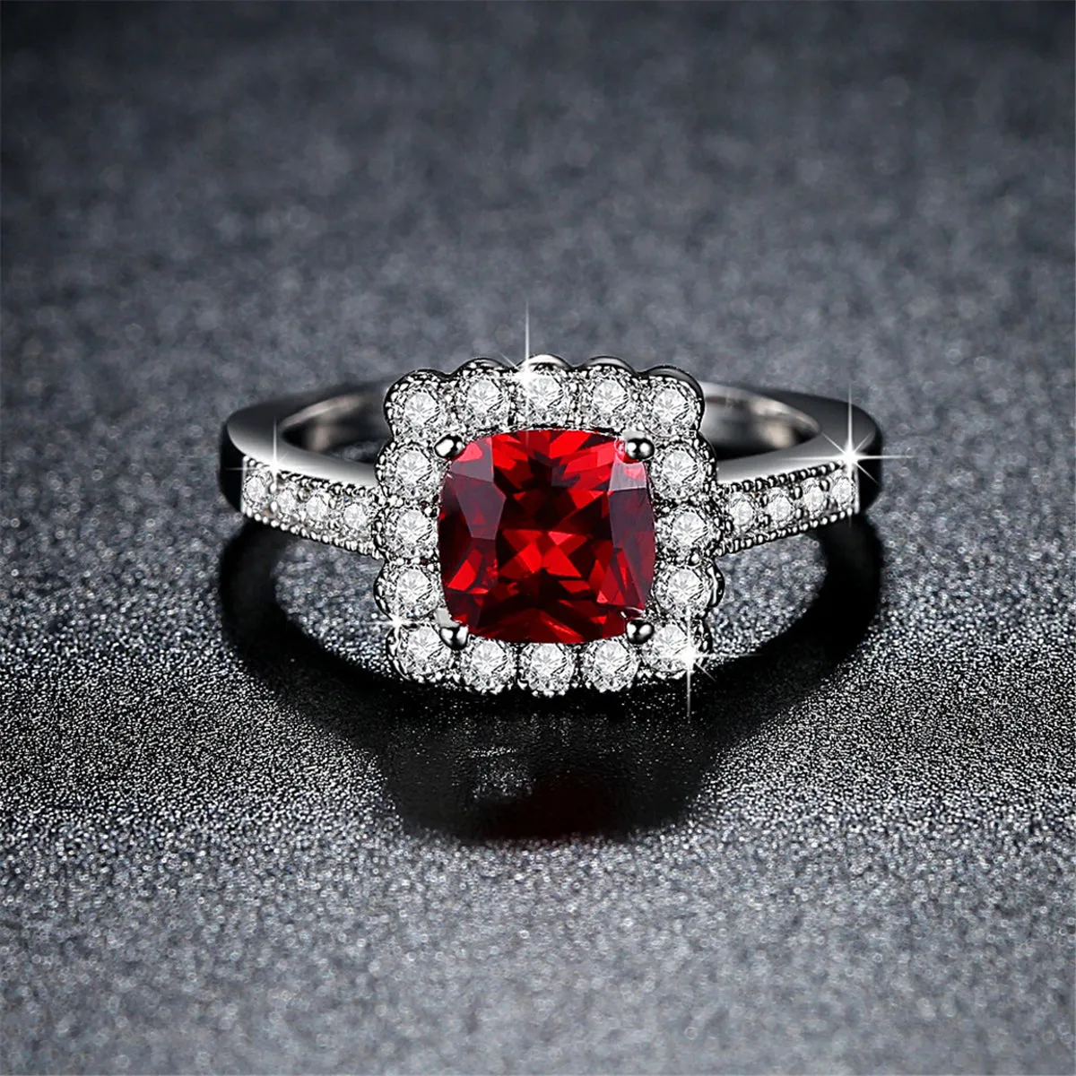 Red Crystal & Cubic Zirconia Cushion-Cut Hola Ring