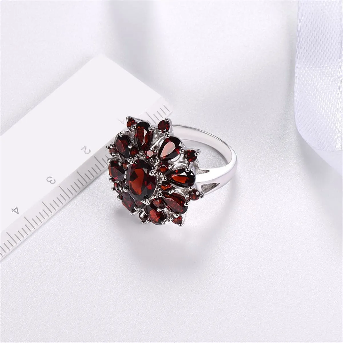 Red Crystal & Silver-Plated Floral Cocktail Ring