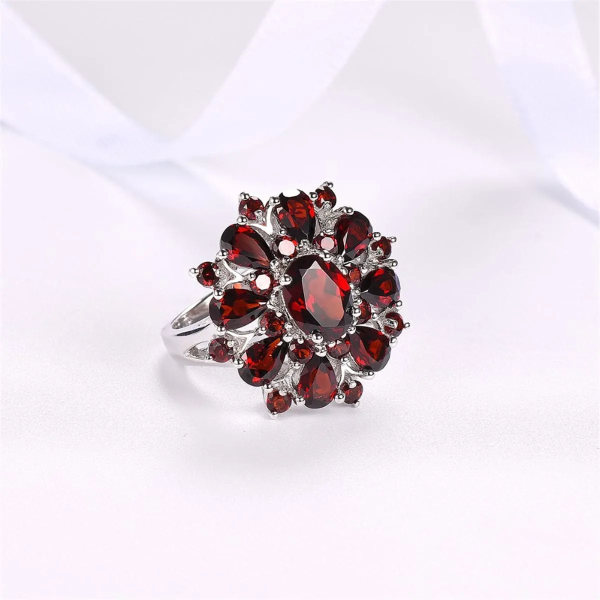 Red Crystal & Silver-Plated Floral Cocktail Ring