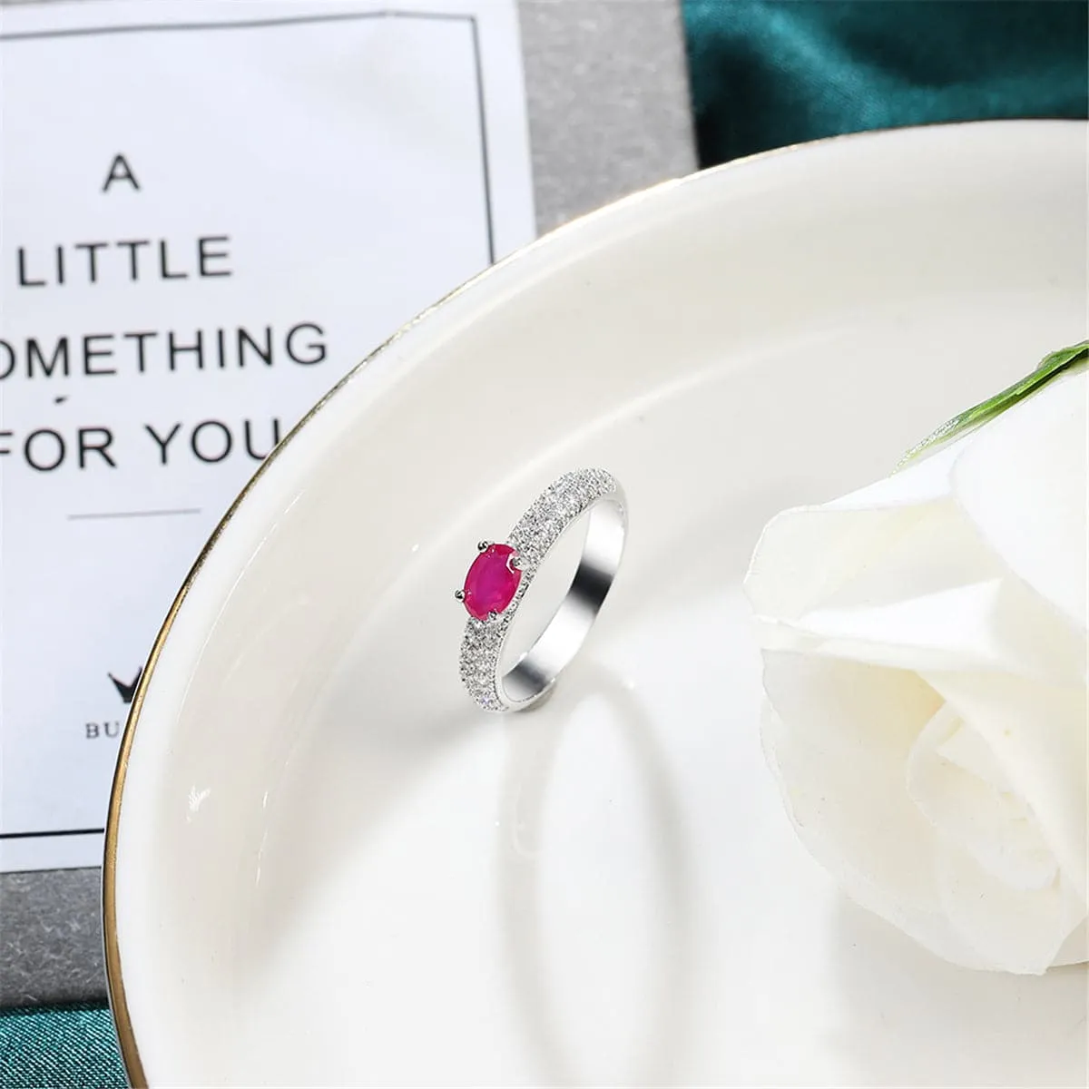 Red Crystal & Silver-Plated Oval-Cut Ring