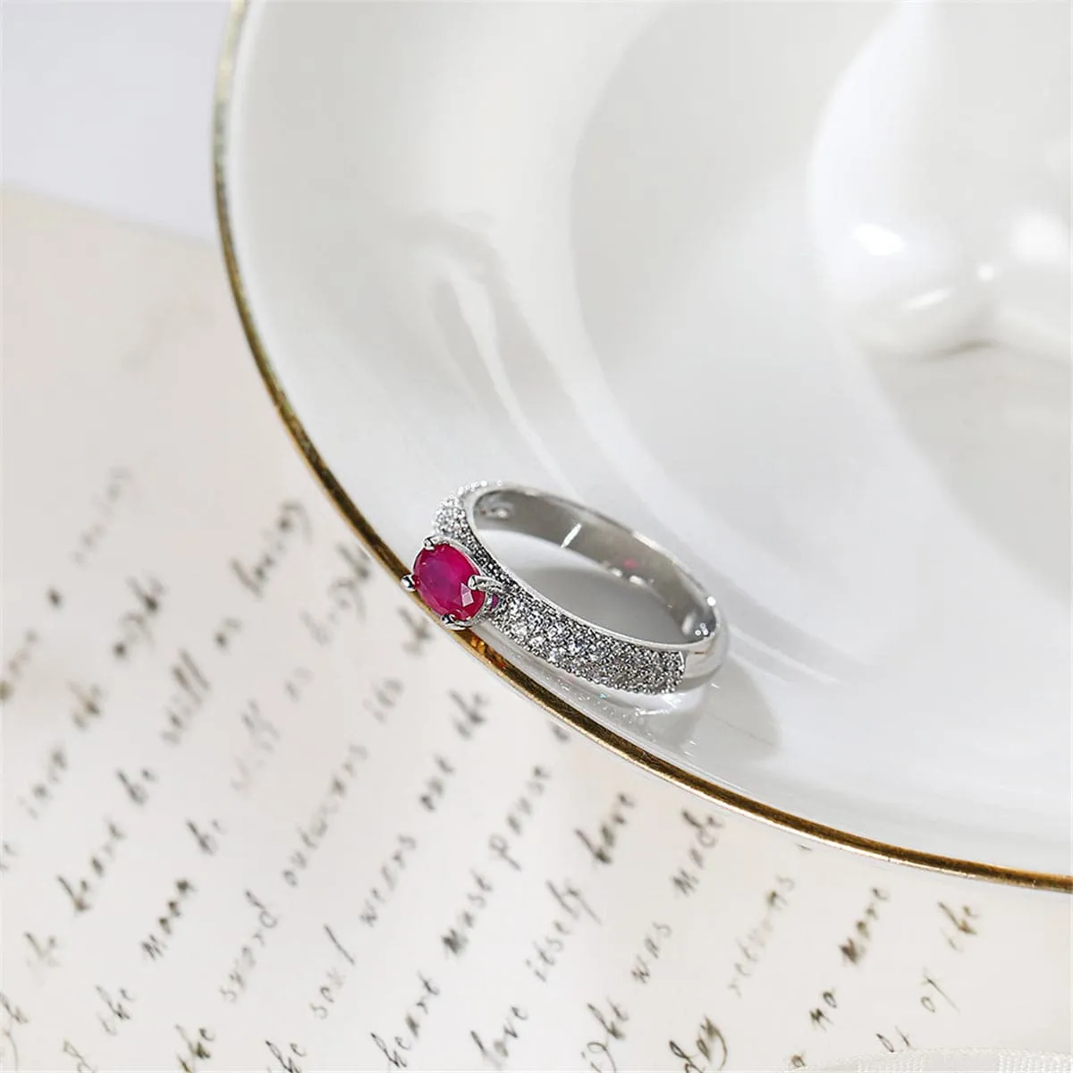 Red Crystal & Silver-Plated Oval-Cut Ring