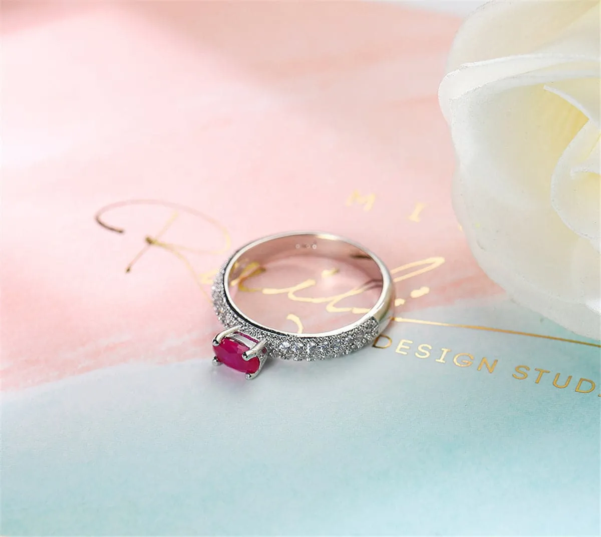 Red Crystal & Silver-Plated Oval-Cut Ring
