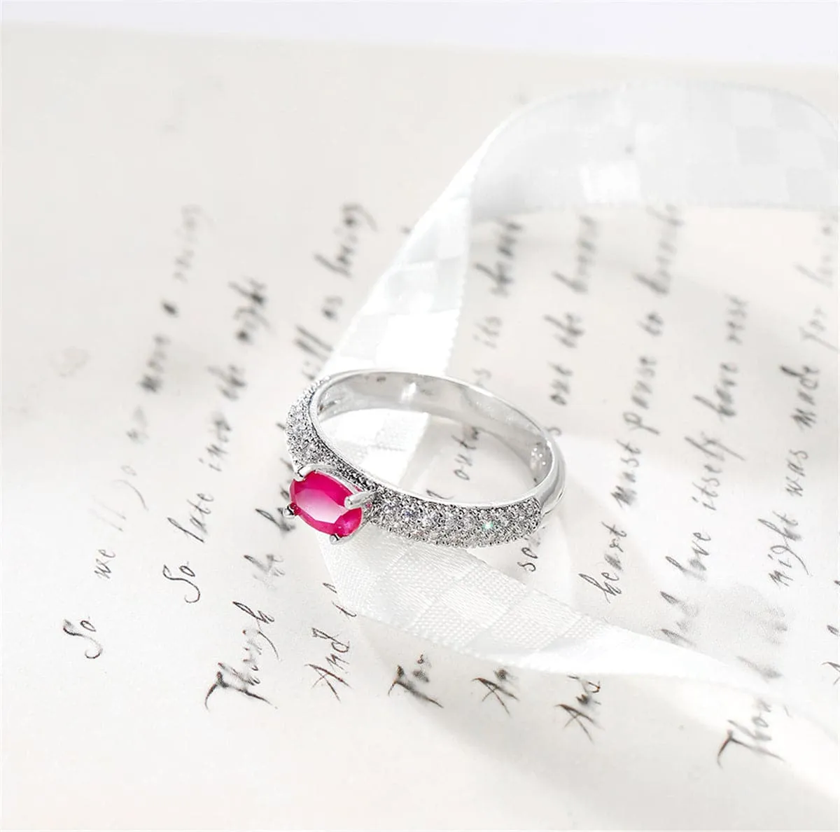 Red Crystal & Silver-Plated Oval-Cut Ring