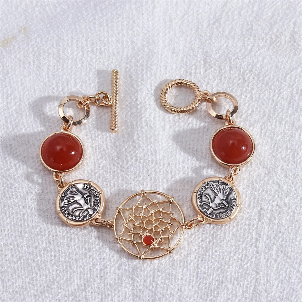 Red Resin & Two-Tone Coin Lotus Station Bracelet