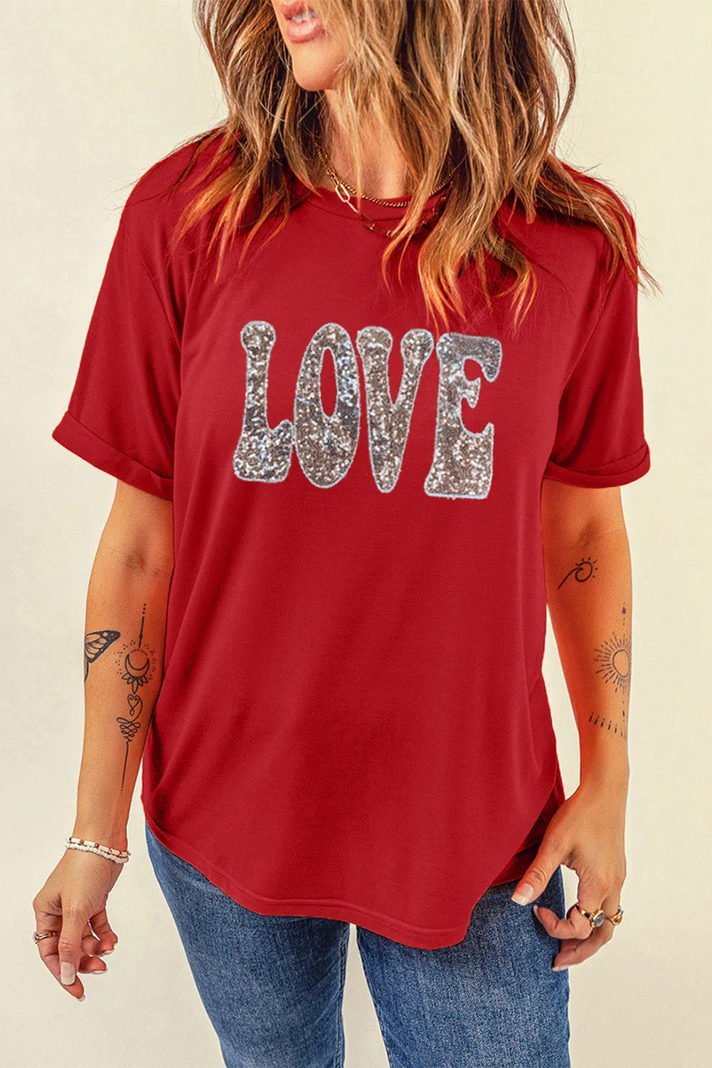 Red Sequined LOVE Letter Valentines T-shirt
