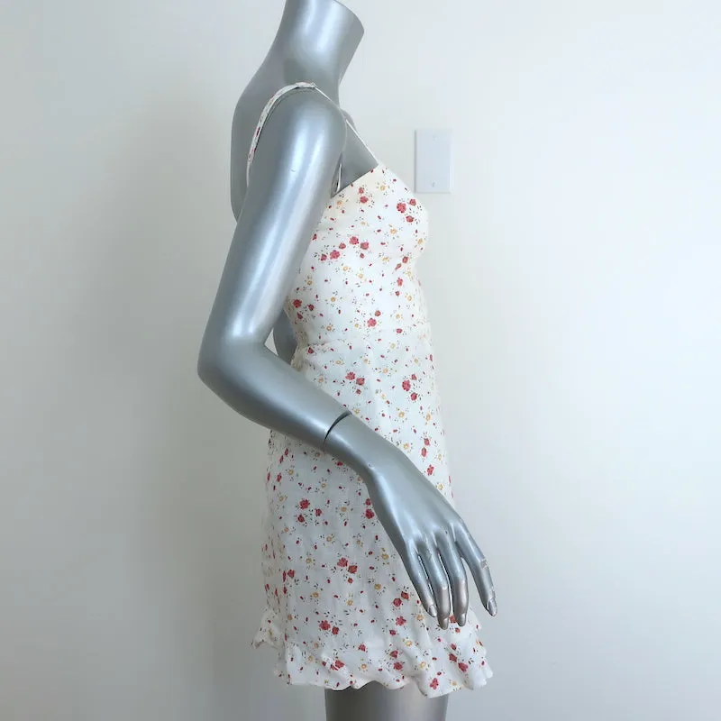 Reformation Kiernan Ruffle Hem Mini Dress White Floral Print Linen Size 2