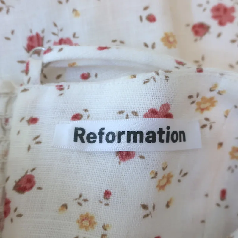 Reformation Kiernan Ruffle Hem Mini Dress White Floral Print Linen Size 2