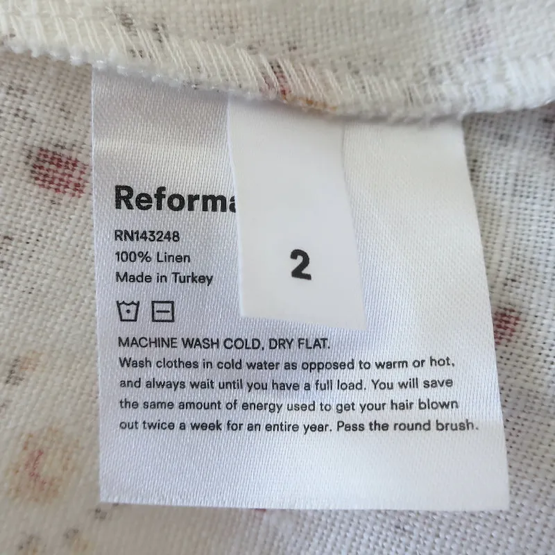 Reformation Kiernan Ruffle Hem Mini Dress White Floral Print Linen Size 2