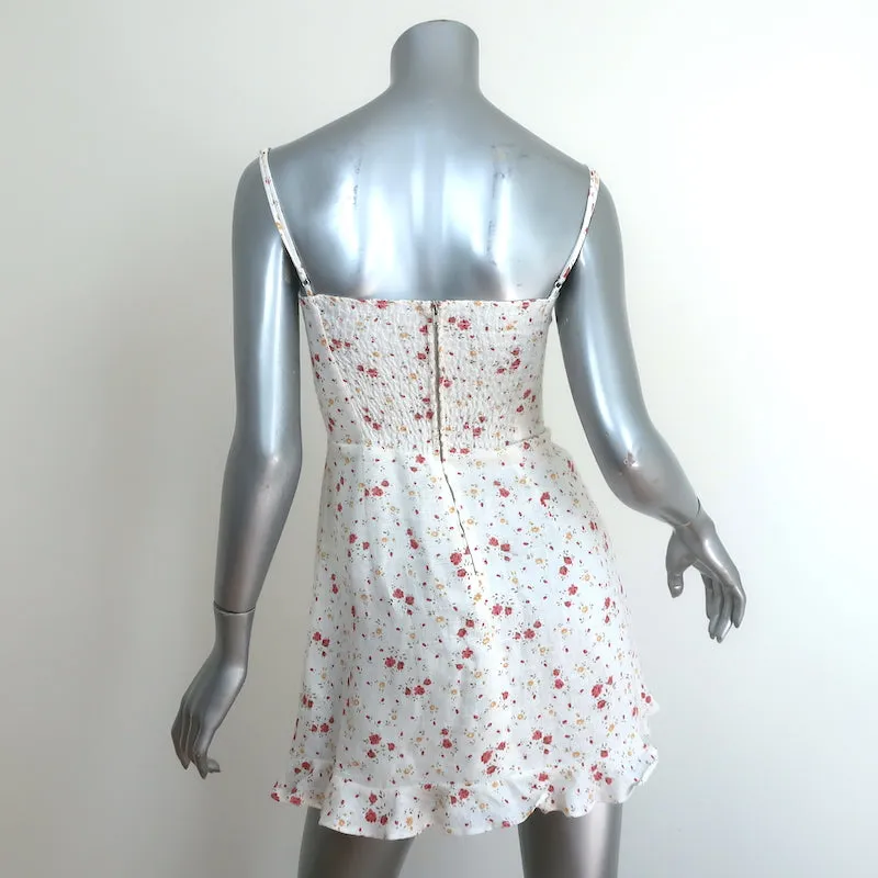 Reformation Kiernan Ruffle Hem Mini Dress White Floral Print Linen Size 2