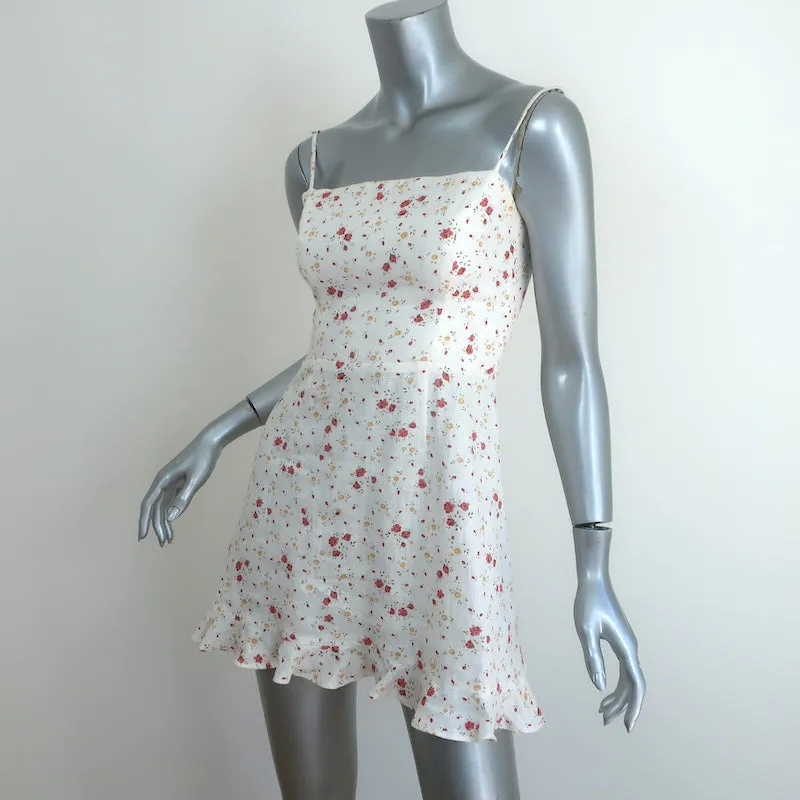 Reformation Kiernan Ruffle Hem Mini Dress White Floral Print Linen Size 2