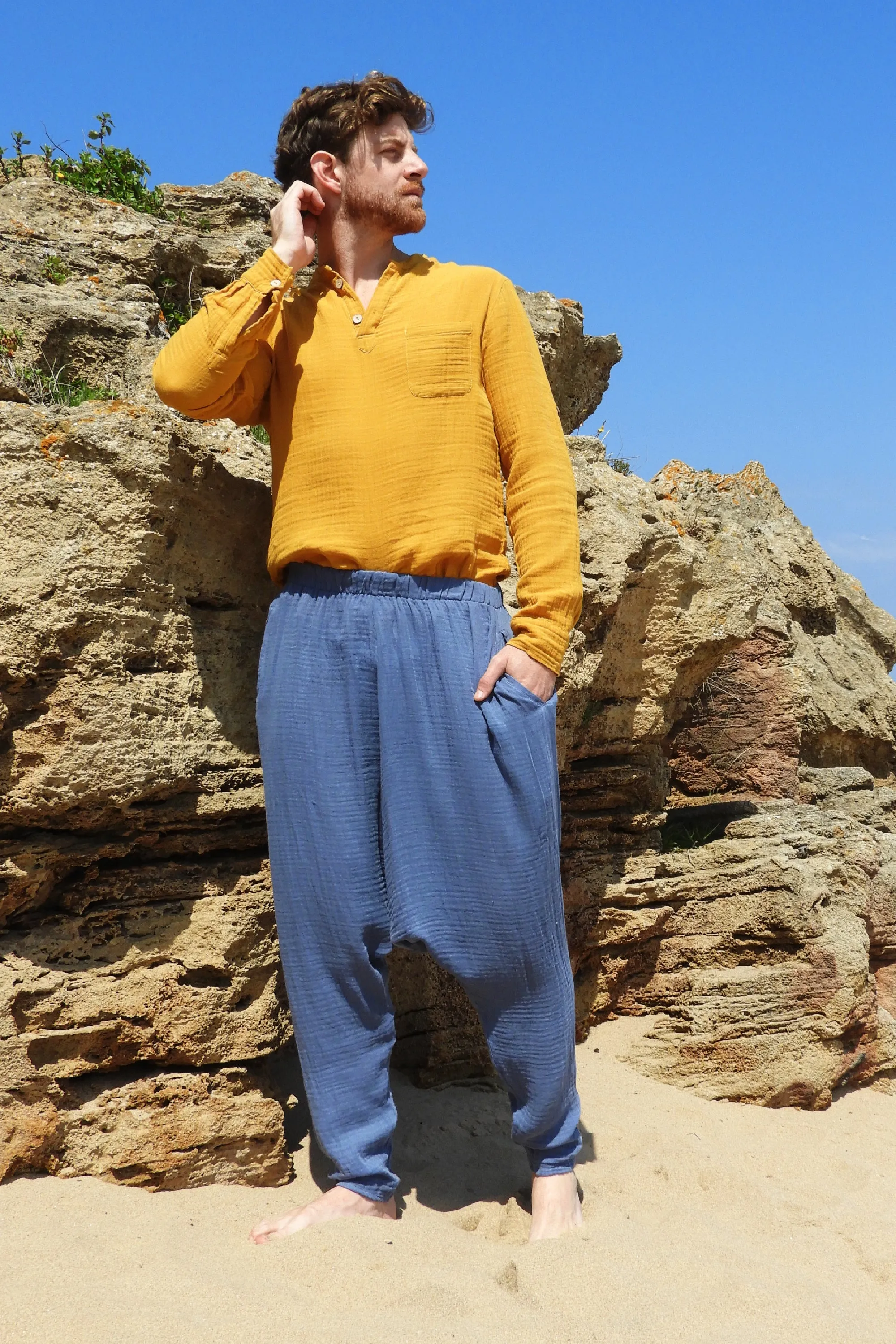 RELAX Men's Organic Gauze Cotton Harem Pants (Indigo Blue)