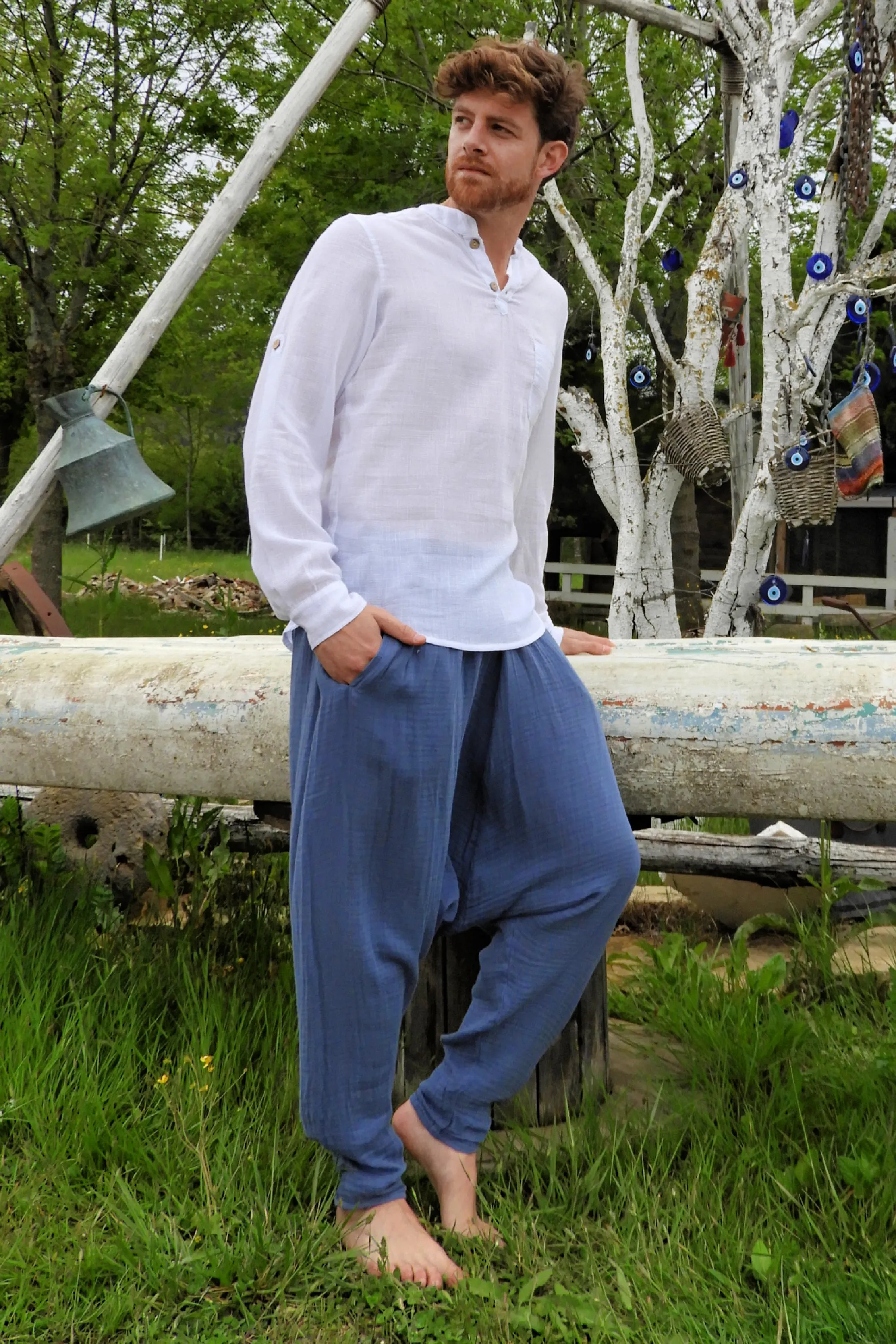 RELAX Men's Organic Gauze Cotton Harem Pants (Indigo Blue)