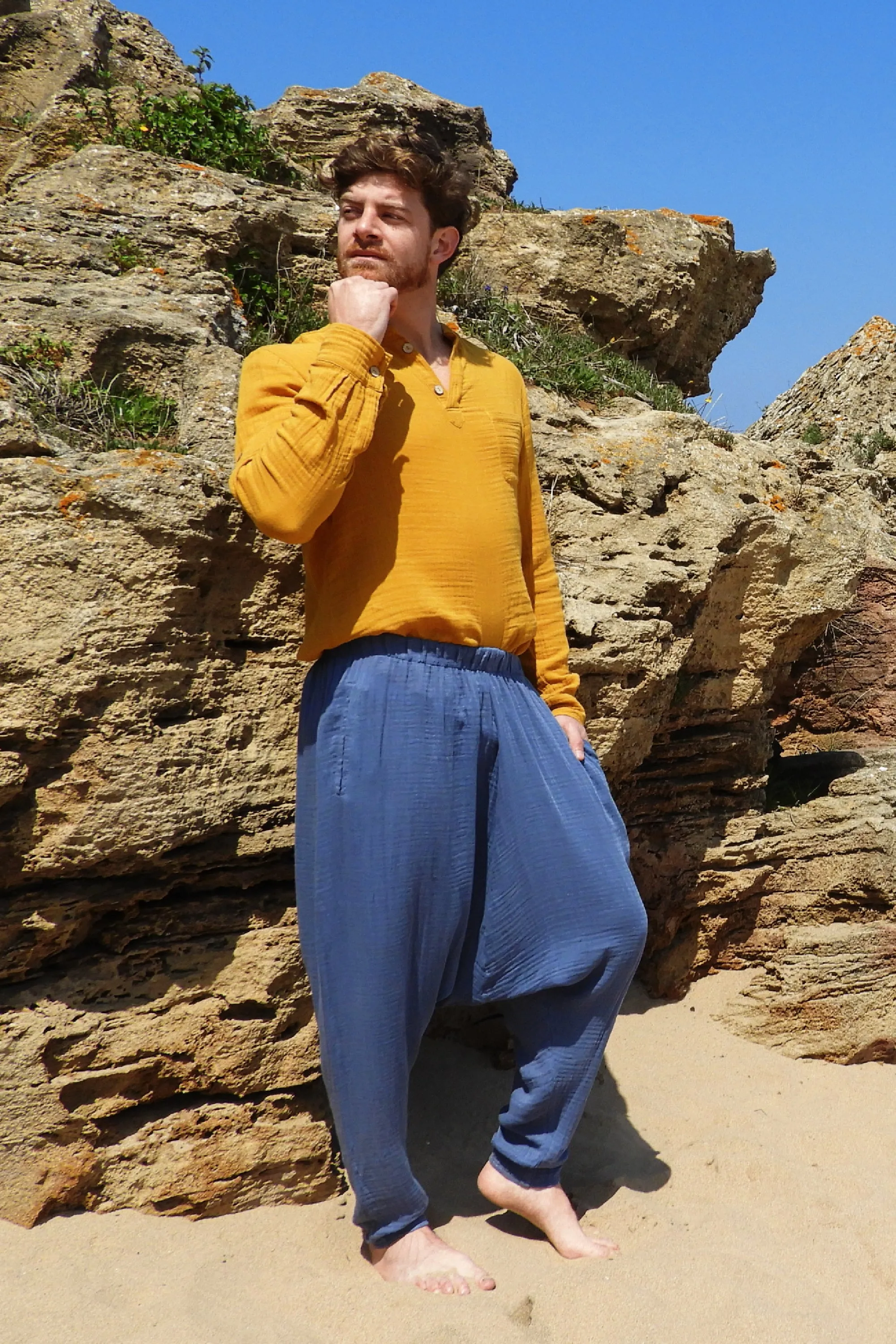 RELAX Men's Organic Gauze Cotton Harem Pants (Indigo Blue)