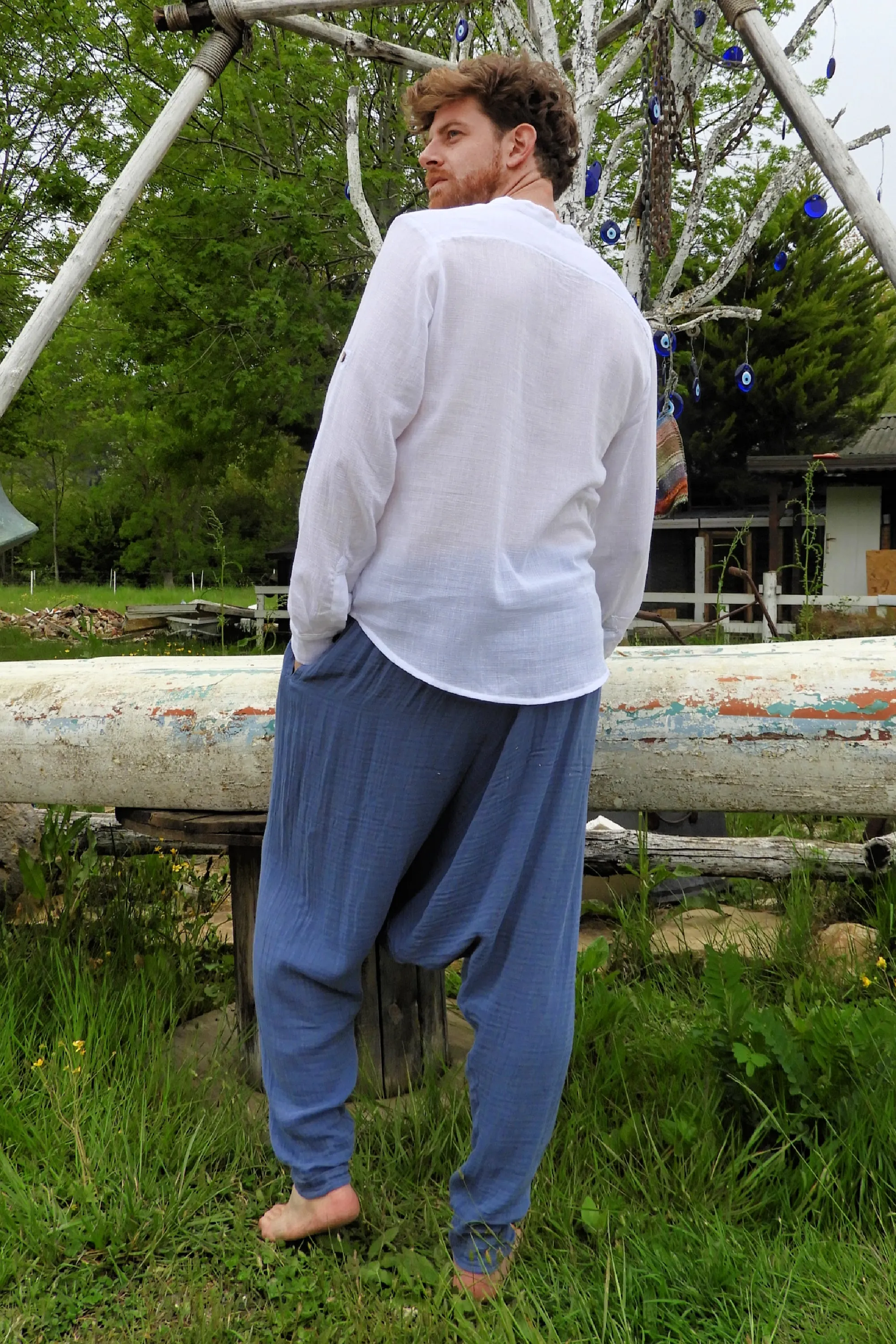 RELAX Men's Organic Gauze Cotton Harem Pants (Indigo Blue)