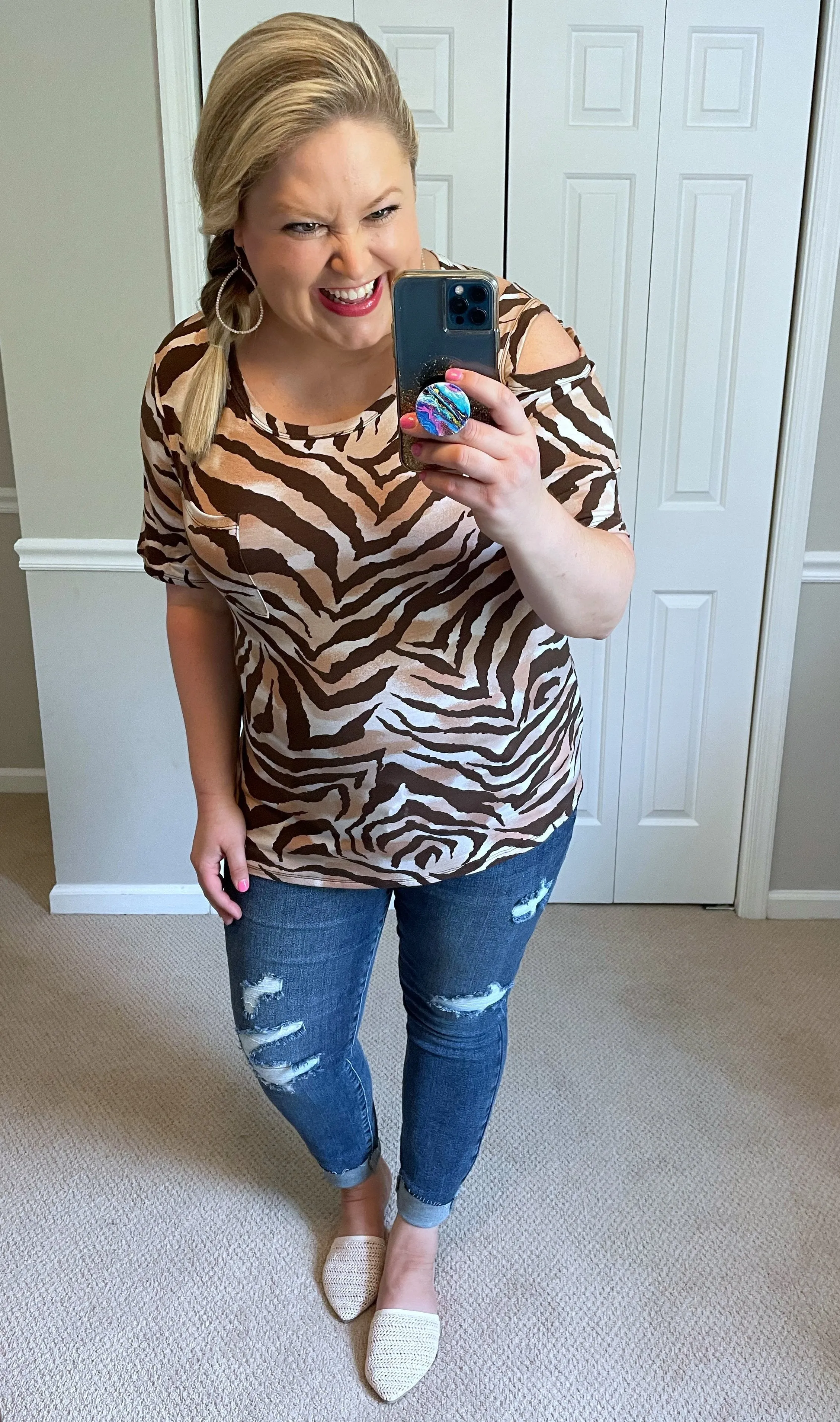 Riah Open-Shoulder Top in Brown Zebra