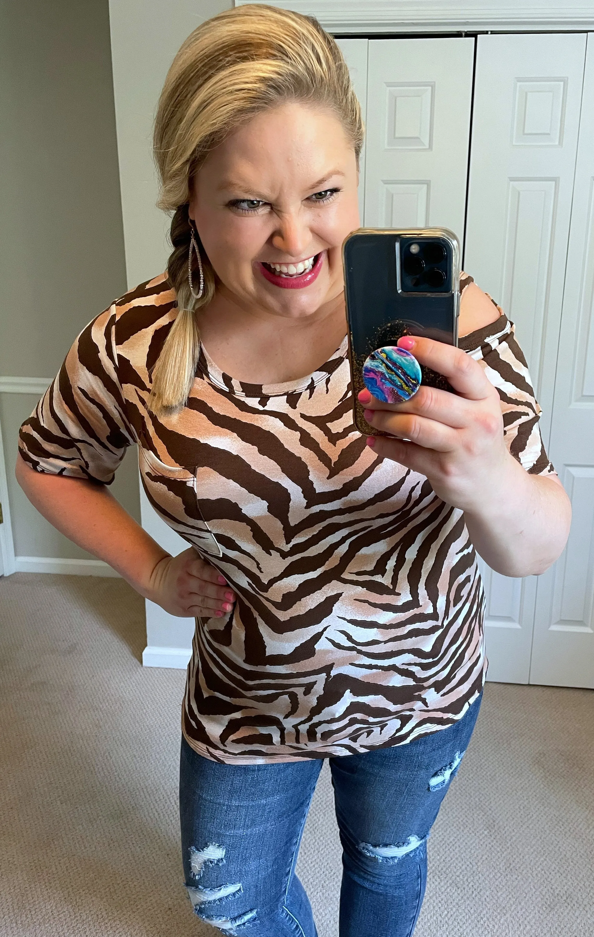 Riah Open-Shoulder Top in Brown Zebra