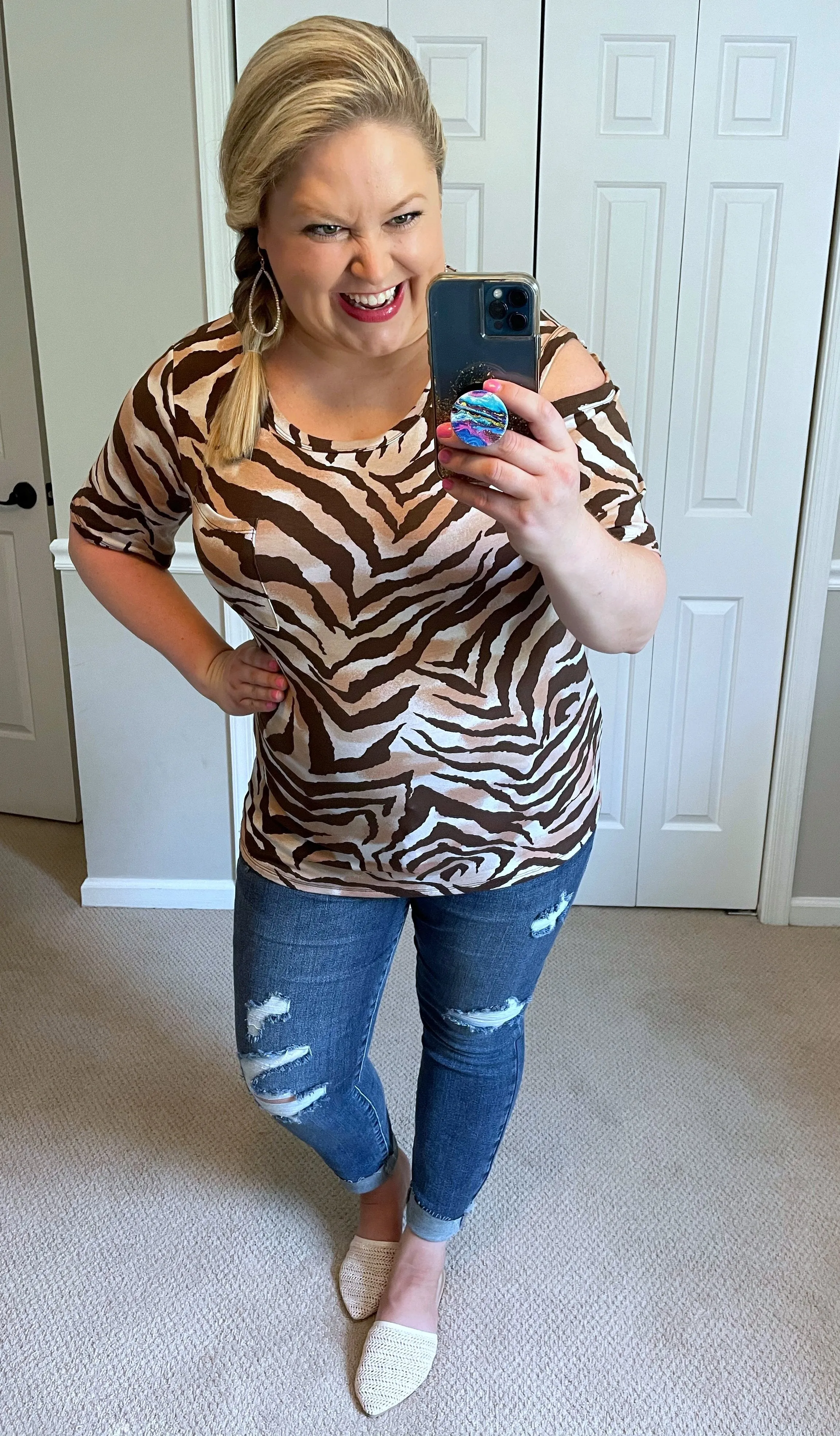 Riah Open-Shoulder Top in Brown Zebra