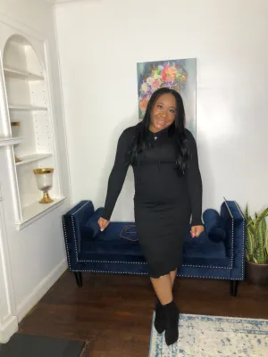 Ribbed Hoodie Dress -Black