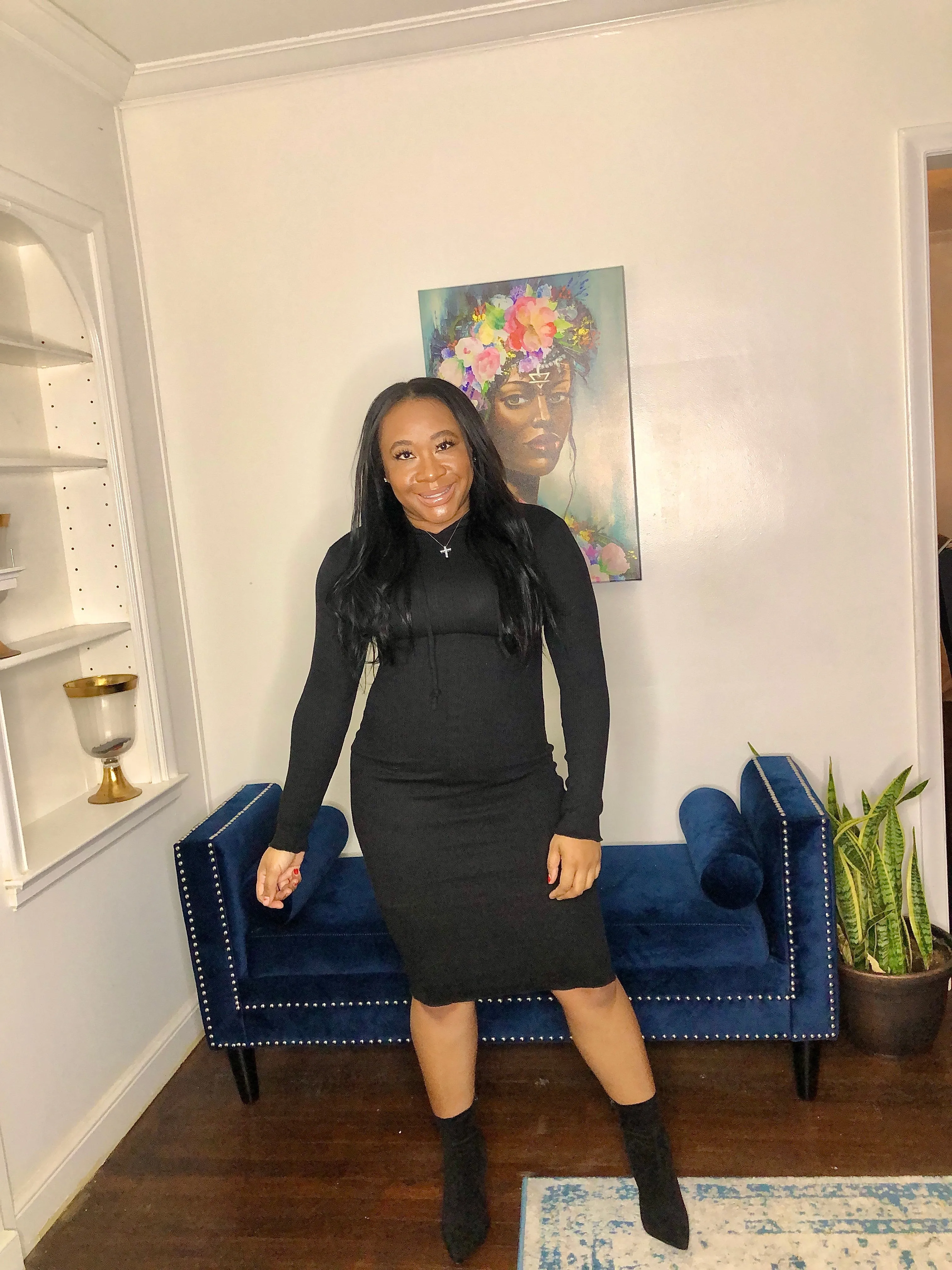 Ribbed Hoodie Dress -Black