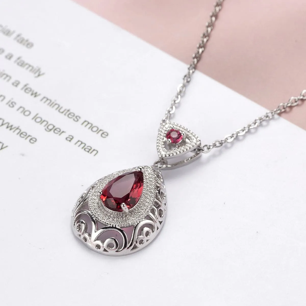 Rose Crystal & Silver-Plated Filigree Pear-Cut Pendant Necklace