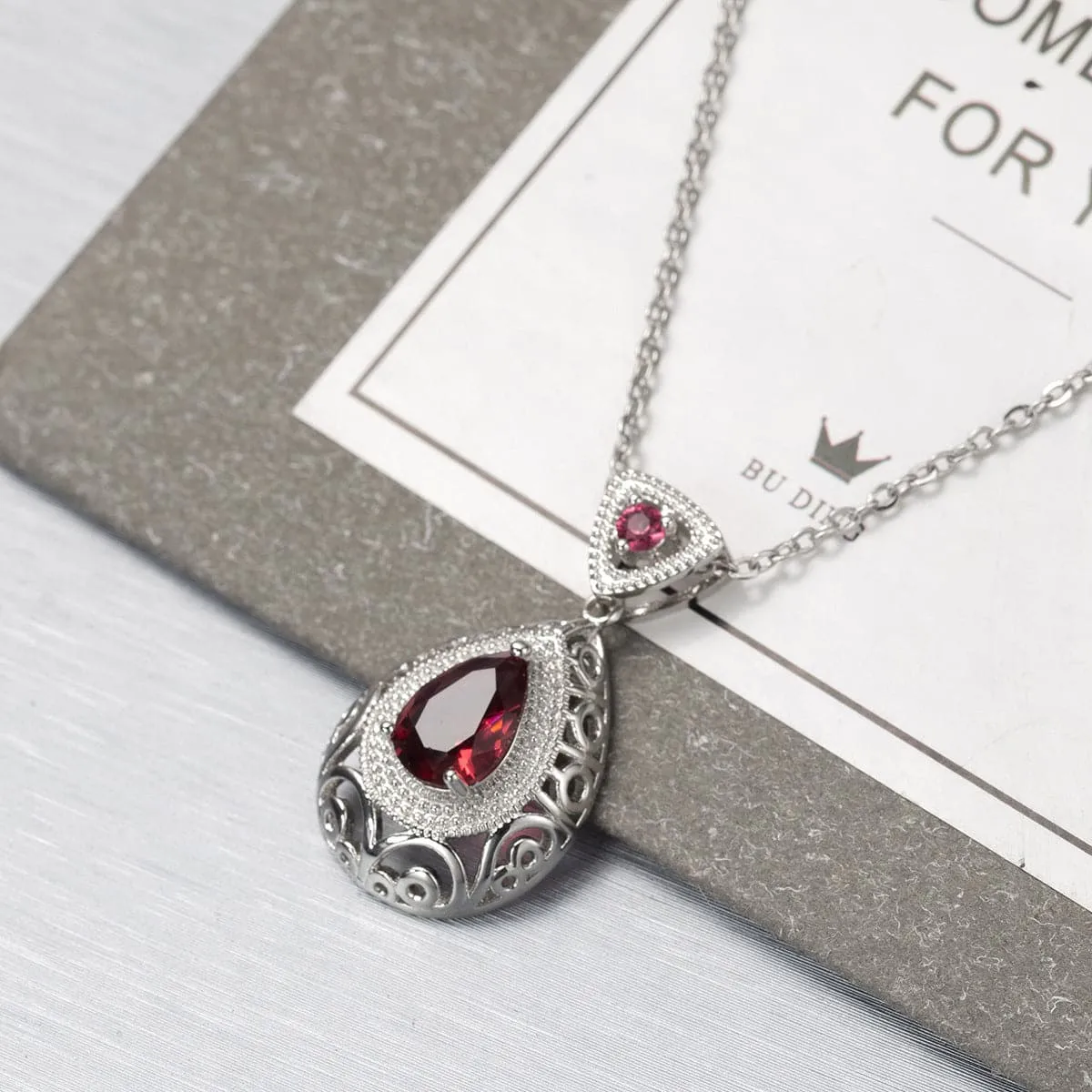 Rose Crystal & Silver-Plated Filigree Pear-Cut Pendant Necklace