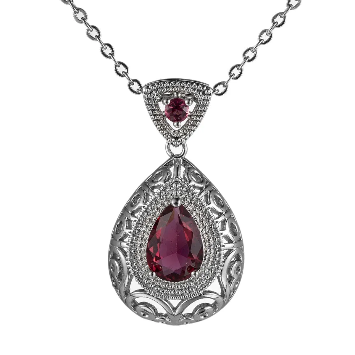 Rose Crystal & Silver-Plated Filigree Pear-Cut Pendant Necklace