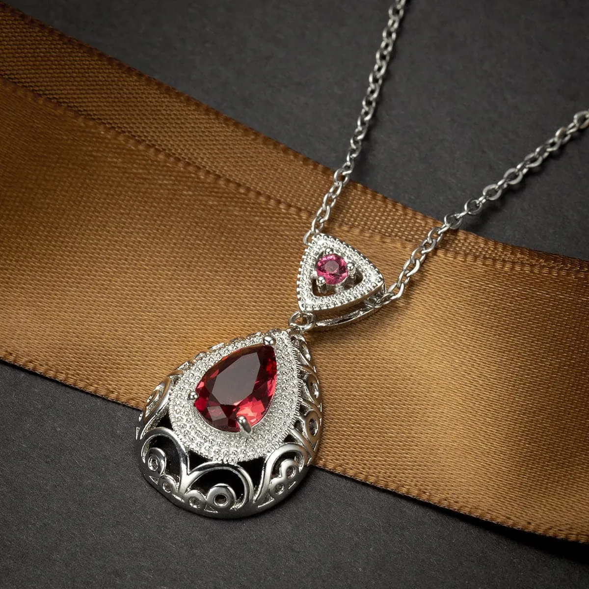 Rose Crystal & Silver-Plated Filigree Pear-Cut Pendant Necklace