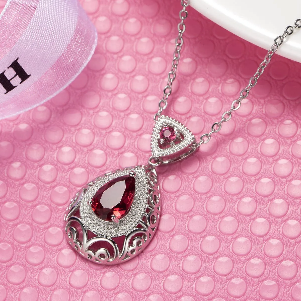 Rose Crystal & Silver-Plated Filigree Pear-Cut Pendant Necklace