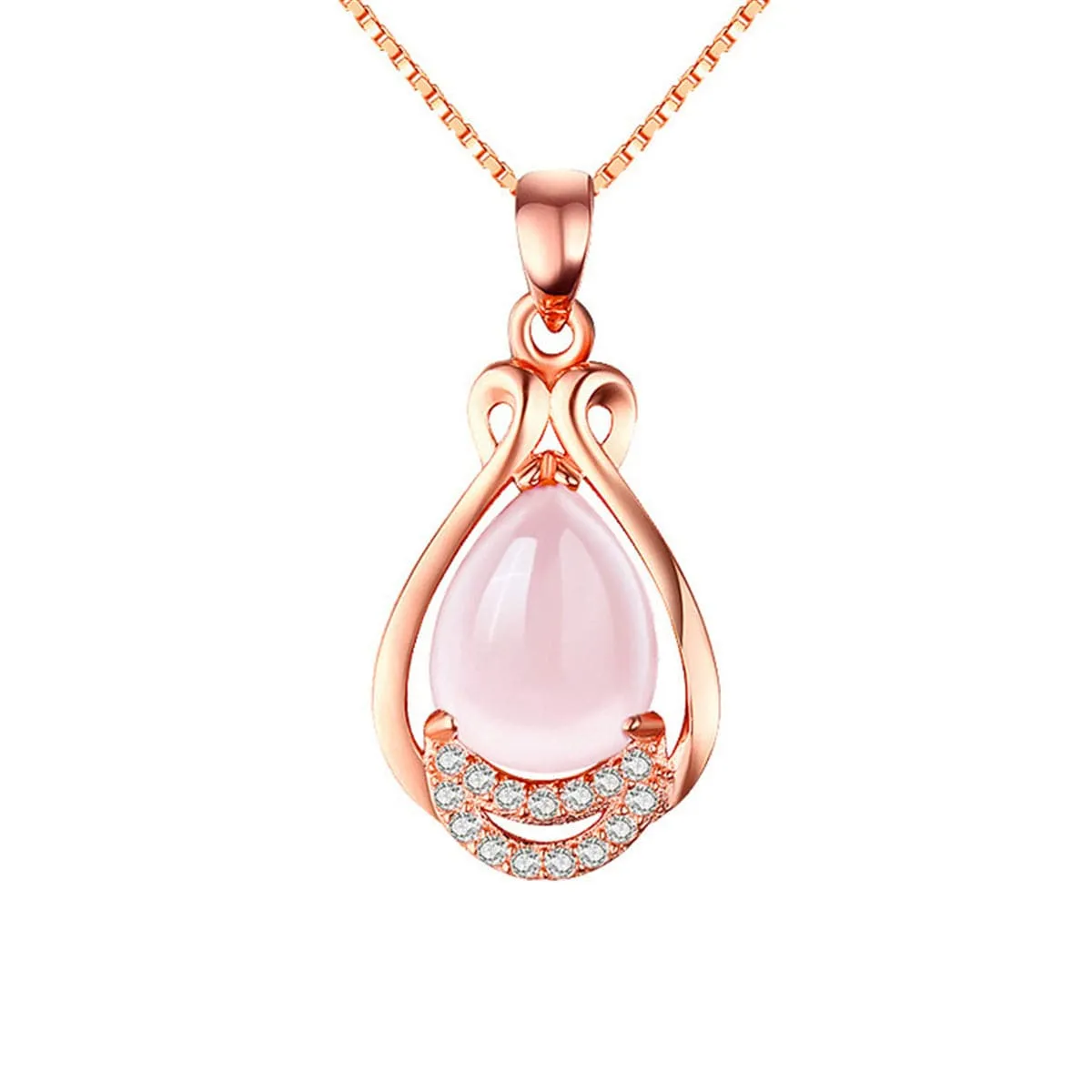 Rose Quartz & Cubic Zirconia Teardrop Pendant Necklace