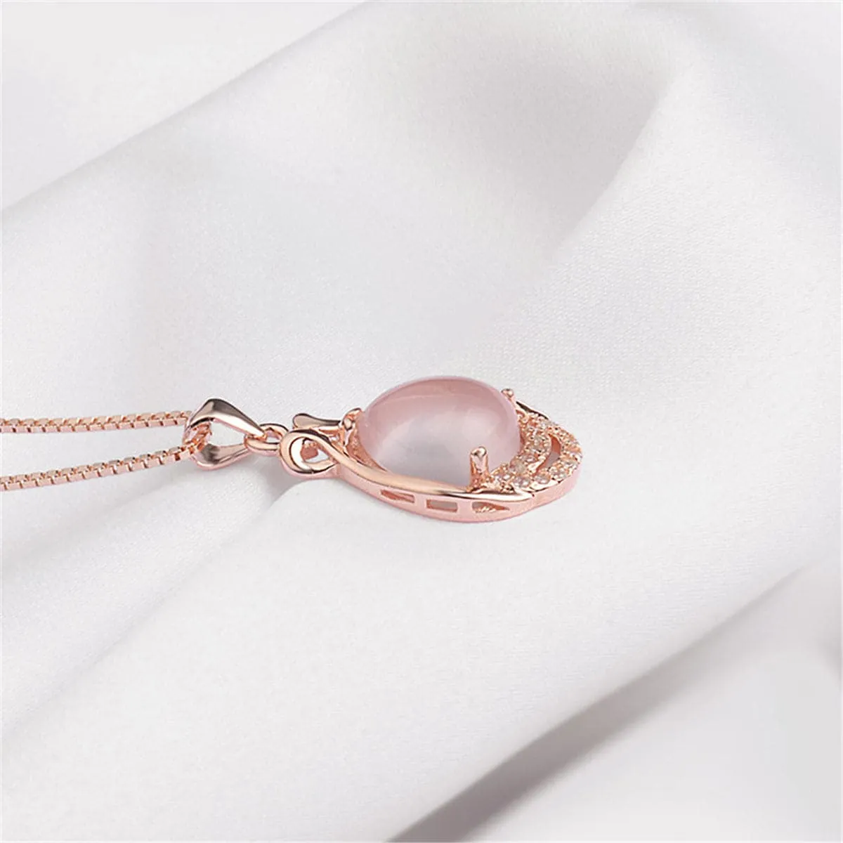 Rose Quartz & Cubic Zirconia Teardrop Pendant Necklace
