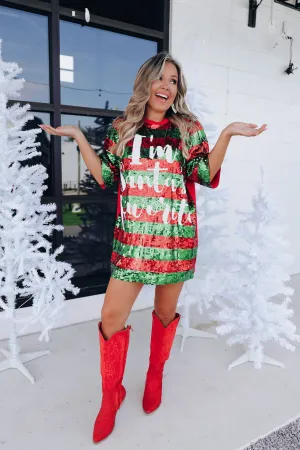 Santa's Favorite Striped Sequin T-Shirt Dress