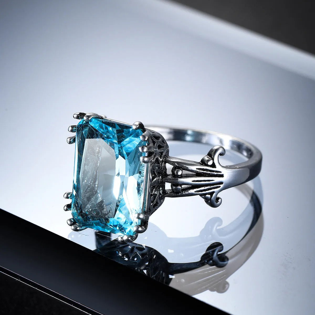 Sea Blue Crystal & Silver-Plated Oxidized Radiant-Cut Ring
