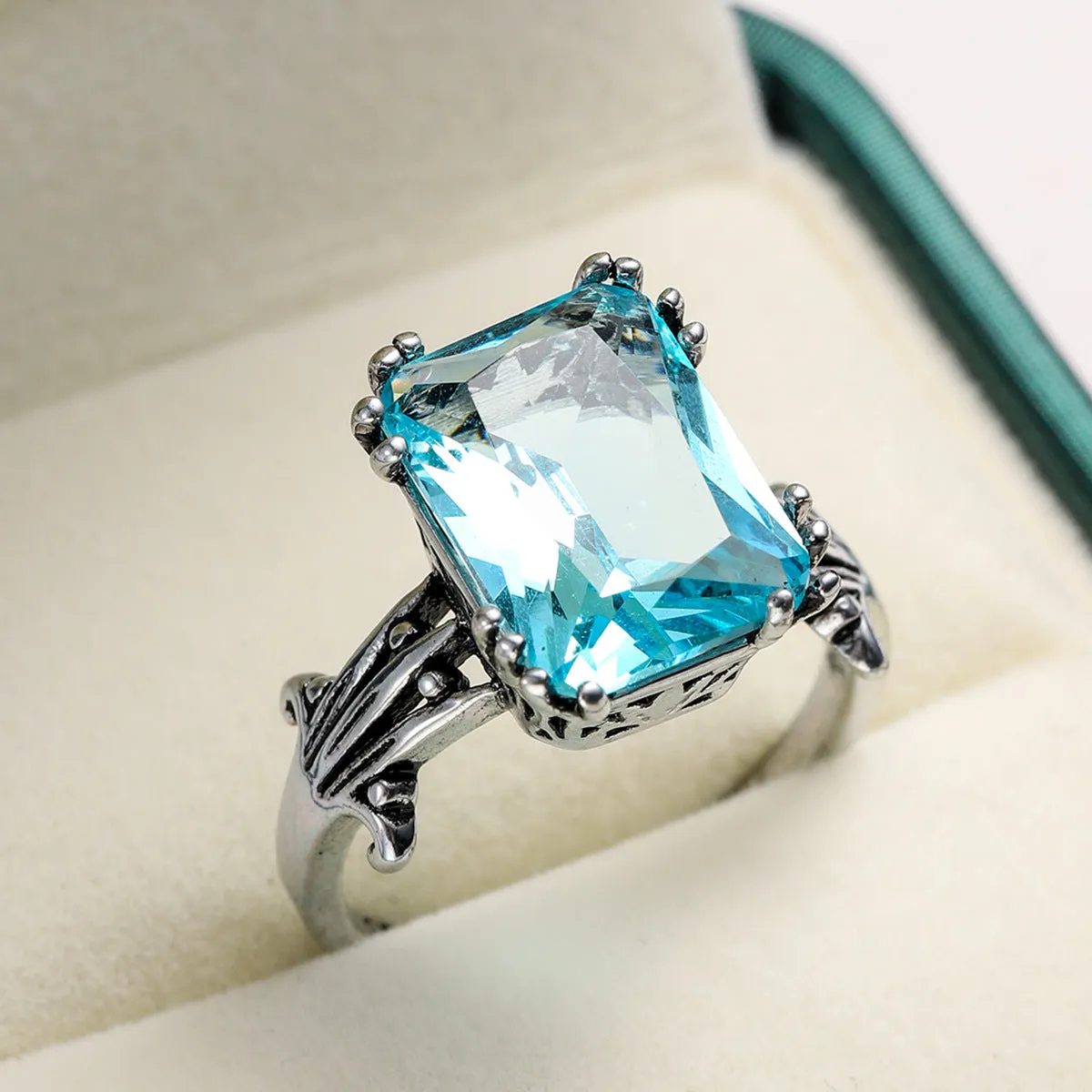 Sea Blue Crystal & Silver-Plated Oxidized Radiant-Cut Ring