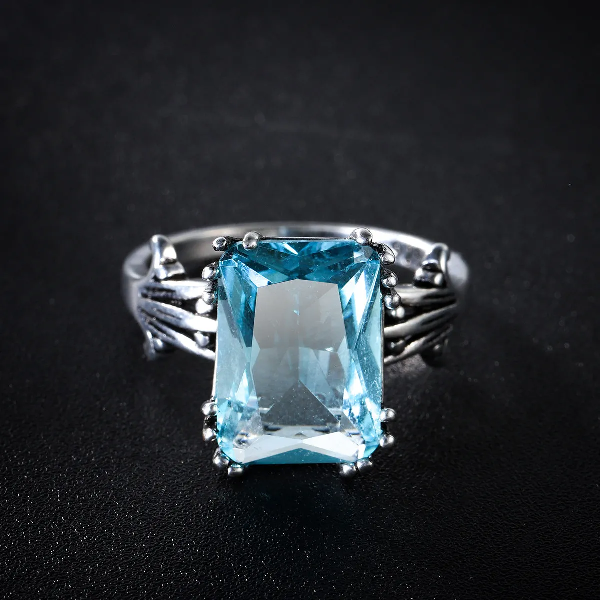 Sea Blue Crystal & Silver-Plated Oxidized Radiant-Cut Ring
