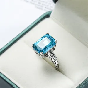 Sea Blue Crystal & Silver-Plated Radiant-Cut Ring