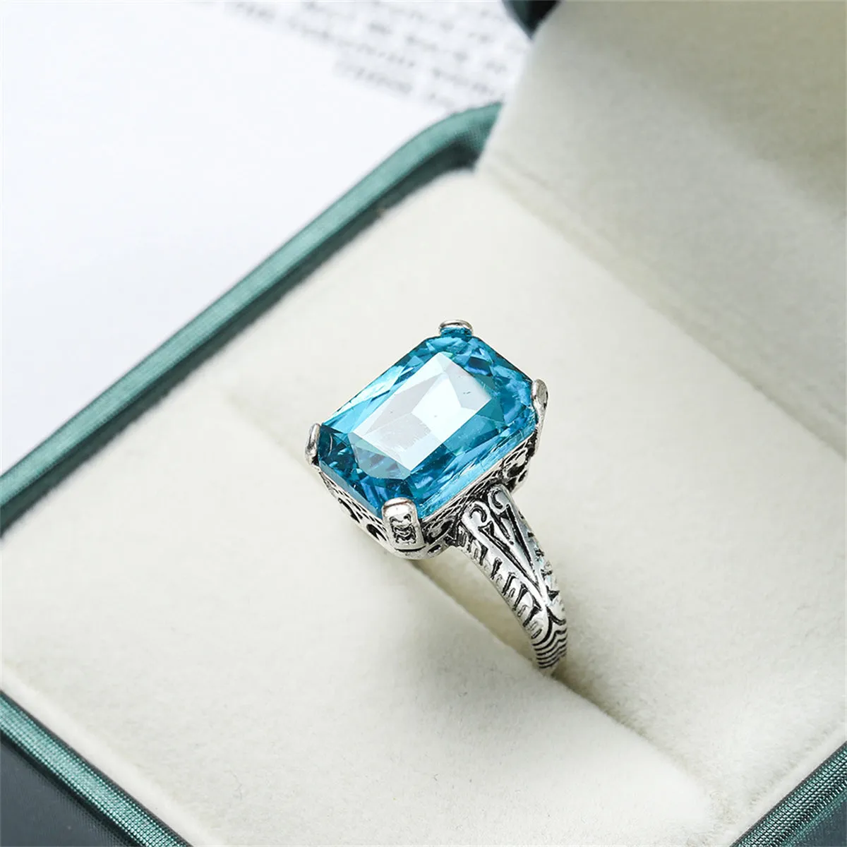 Sea Blue Crystal & Silver-Plated Radiant-Cut Ring