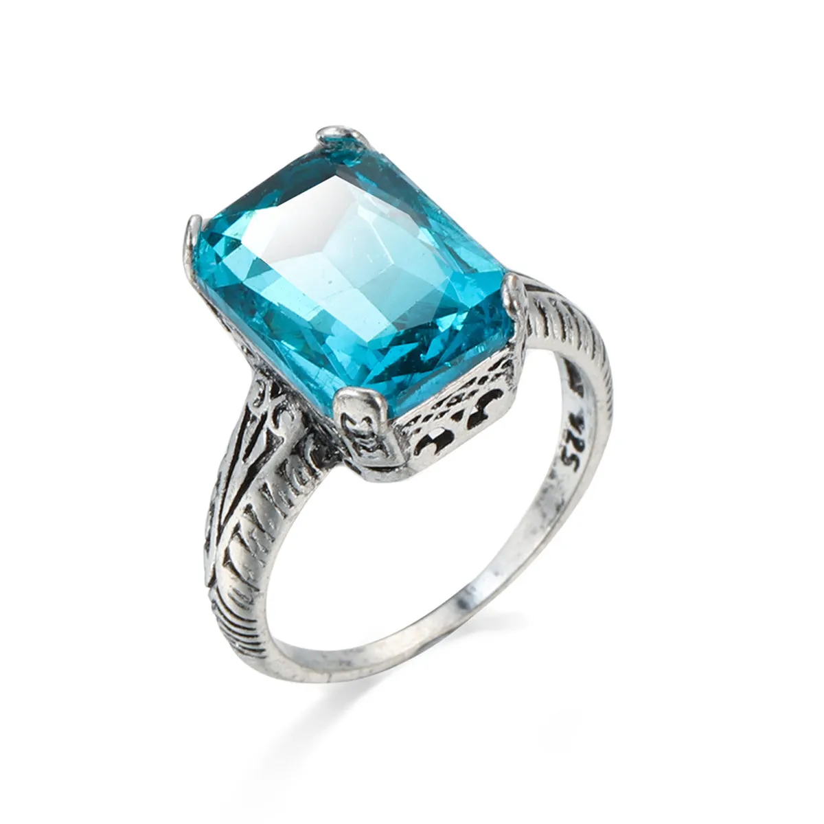 Sea Blue Crystal & Silver-Plated Radiant-Cut Ring