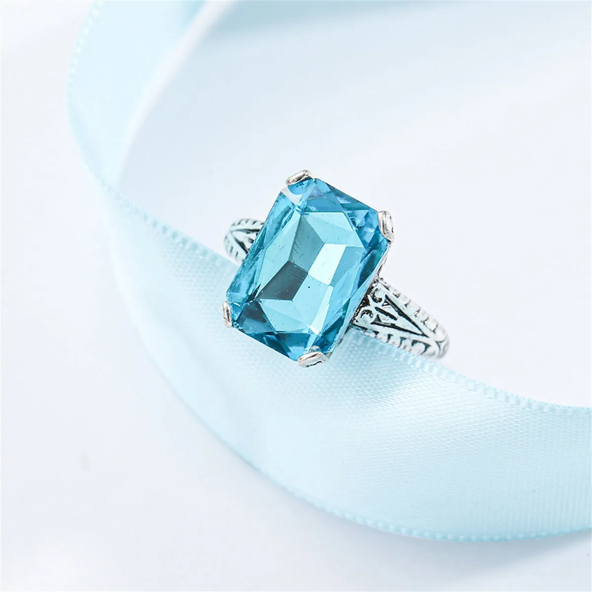 Sea Blue Crystal & Silver-Plated Radiant-Cut Ring