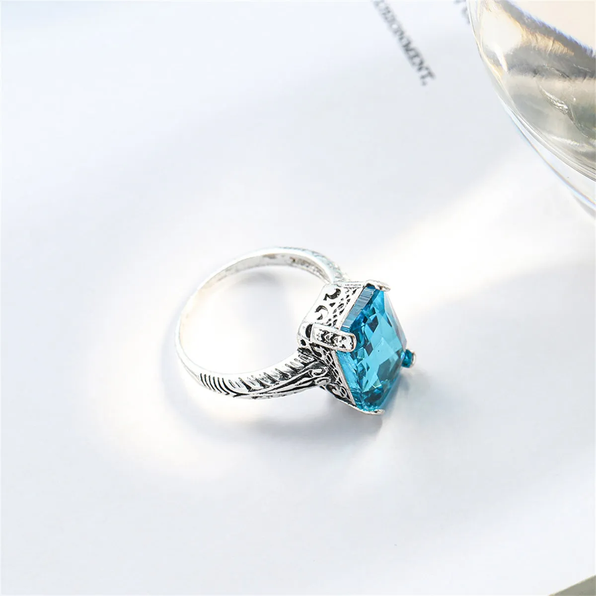 Sea Blue Crystal & Silver-Plated Radiant-Cut Ring