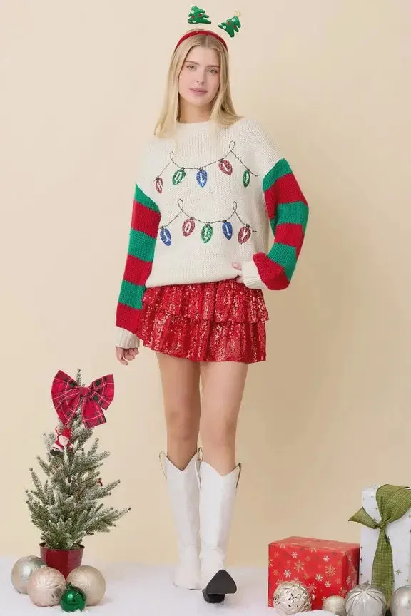 SEQUINED EMBROIDERED HOLLY JOLLY SWEATER