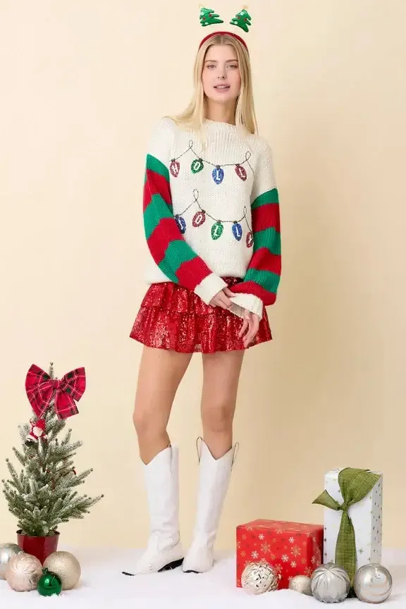 SEQUINED EMBROIDERED HOLLY JOLLY SWEATER